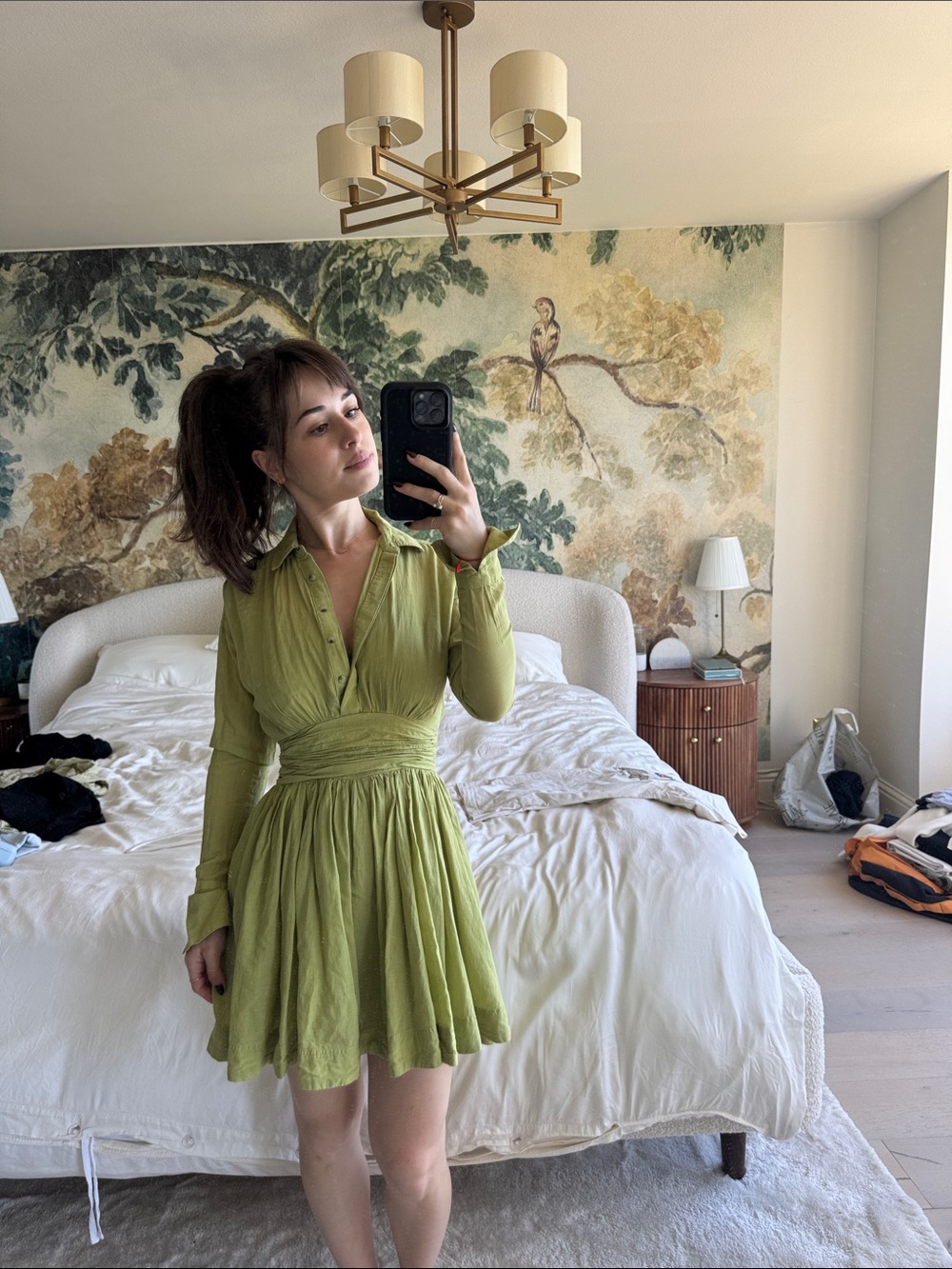 Anthropologie Olive Green Long-Sleeve Gathered-Waist Mini Dress